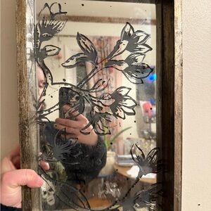 Floral Etched Wall Mirror with Wooden Frame with handles tray